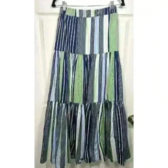 Tory Burch Green Blue White Striped Field Day Peasant Boho Maxi Skirt “mint” - Picture 1 of 3